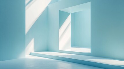 Fototapeta premium Sunlit minimalist blue room interior with steps and square openings.