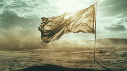 A lone, tattered military flag barely holding on amidst a desolate battlefield, faint sunlight breaking through the dust-filled air