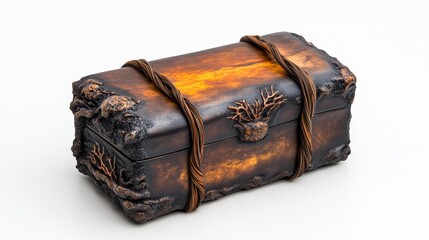 Unique brown and black artistic box with a textured appearance woven twine detailing on a plain background. Generative AI