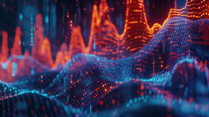 Abstract digital visualization of data waves in vibrant colors, showcasing blend of red and blue tones, representing technology and analytics