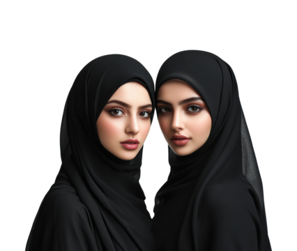 Cultural connection between two women in black hijabs urban portrait neutral isolated on transparent background