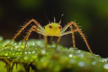 A detailed view of a spider perched on a leaf adorned with sparkling water droplets.