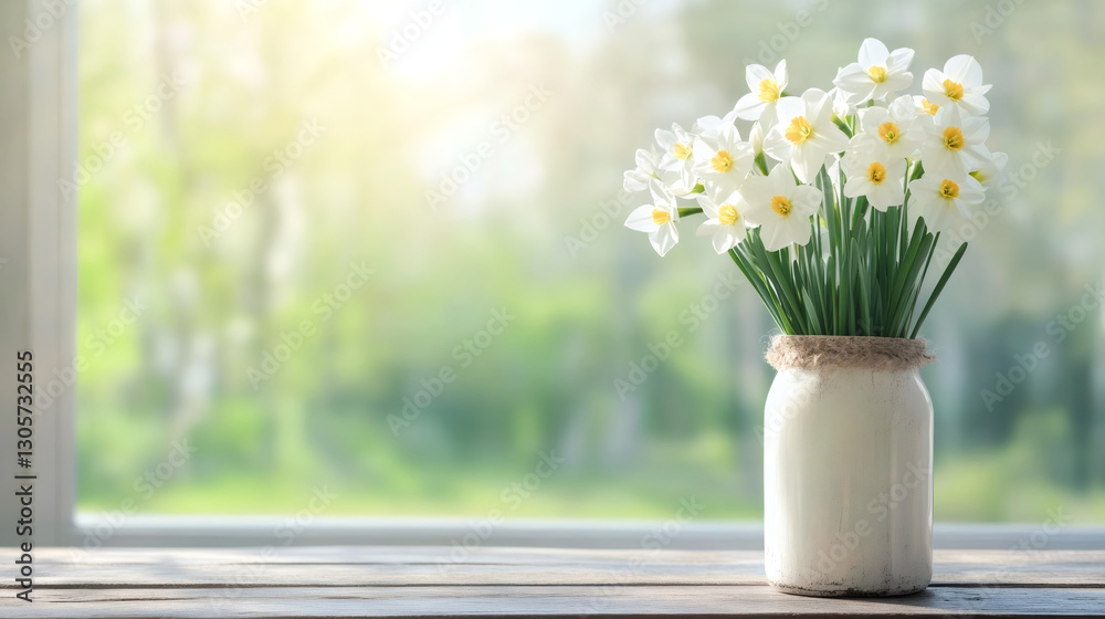 Poster pristine white daffodils resting in ceramic vase beside sunlit window, spring garden visible in back