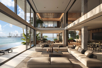 luxurious beach-front villas, a minimalist living room in a modern villa with floor-to-ceiling windows offering a view of miami beach