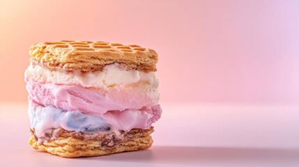 Colorful ice cream sandwich with crunchy wafer cookies and creamy filling. Generative AI