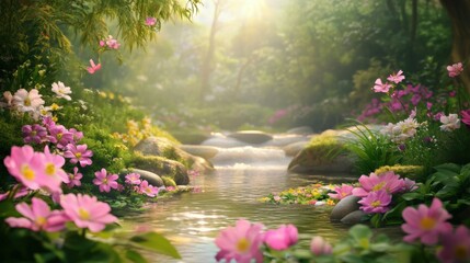 Beautiful colorful wild flowers in deep foggy forest with sun light in Spring.