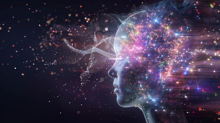 digital representation of human head filled with colorful lights and particles, symbolizing creativity and imagination. vibrant colors and abstract patterns evoke sense of wonder and inspiration