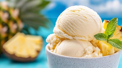 Delicious Pineapple Coconut Ice Cream with Mint Garnish and Tropical Vibes. Generative AI