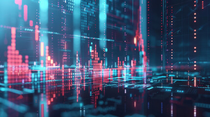 Obraz premium vibrant digital landscape showcasing data visualization with glowing graphs and charts, representing technology and analytics. scene conveys sense of innovation and progress