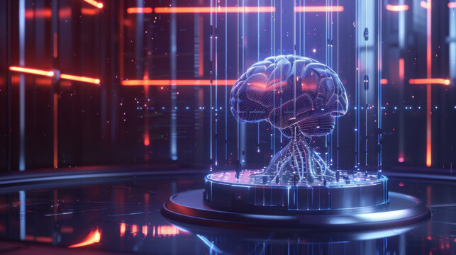 futuristic digital brain with glowing circuits and data streams, symbolizing advanced technology and artificial intelligence. vibrant colors create captivating atmosphere