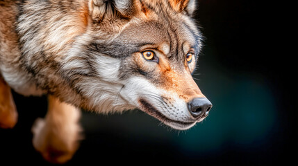 Fototapeta premium Intense Gaze: A captivating close-up of a wolf, its eyes ablaze with an intense focus, showcasing the raw power and untamed beauty of the wild