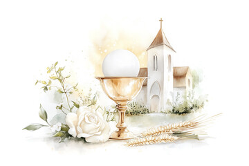 The First Holy Communion with Church Watercolor Illustration Isolated on White Background