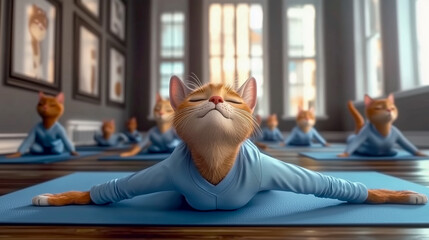 Cat Yoga Class: Animated image capturing a group of cats in a yoga class, demonstrating serenity, relaxation, and inner peace in a light-filled room.