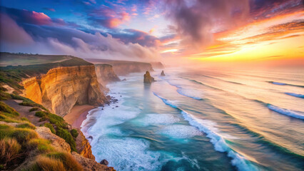 Fototapeta premium Breathtaking cliffside view at sunset with ocean waves and colorful sky