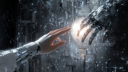 Human and robotic hands reach towards each other, a glowing orb between them, set against a futuristic technological backdrop.