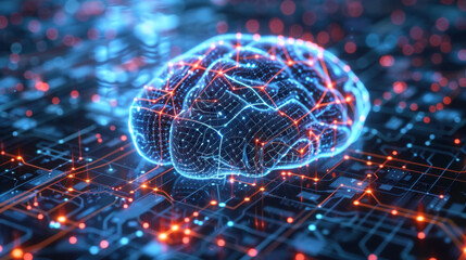 digital brain with glowing connections on circuit board background, symbolizing artificial intelligence and technology