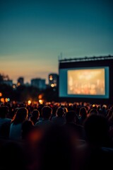 Outdoor cinema at dusk; large screen showing a film, audience seated.