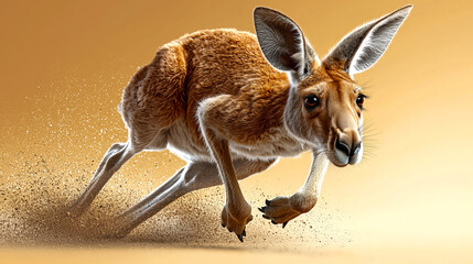 The Running Kangaroo: Capturing the speed and power of the majestic kangaroo as it races across the desert, a striking image that evokes the spirit of the outback.