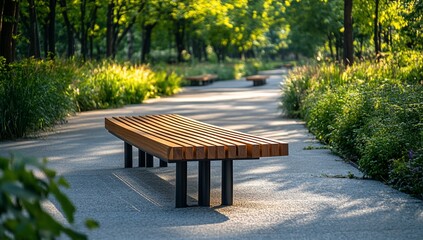 Naklejka premium Curved wooden park bench on paved pathway, lush green foliage background, sunlight.