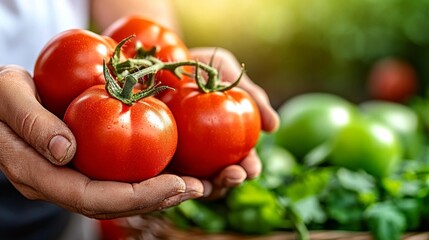 Farmer holding freshly harvested tomatoes in hands with green tomatoes in the background. Generative AI