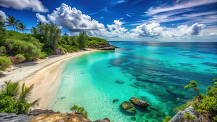 Secluded beach with turquoise water and lush greenery under blue sky