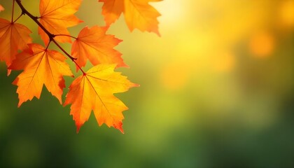 Fototapeta premium Autumn leaves in a bokeh background, the leaves are in the upper left corner, they are orange and yellow, the background is green and yellow with bokeh effect