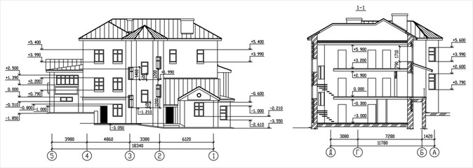 Vector architectural engineering construction
drawing of private residential building
with dimensional lines. Industrial hand design
on white sheet of paper. Blueprint of multistory
suburban cottage.