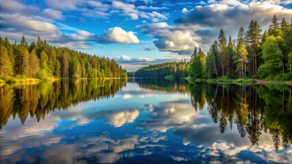 Obraz premium serene forest lake reflecting clouds and trees in calm waters