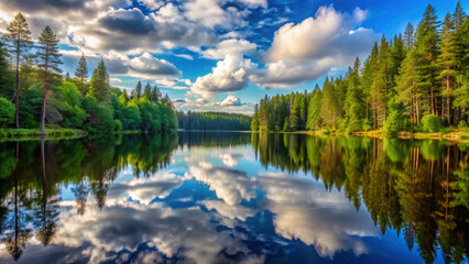 Fototapeta premium serene forest lake reflecting clouds and trees in calm water
