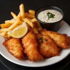 Fototapeta premium Crispy fish, fries, tartar sauce, lemon wedge, pub