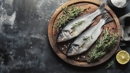 Preparing fresh sea bass with herbs and lemon kitchen culinary art rustic top-down view healthy cooking