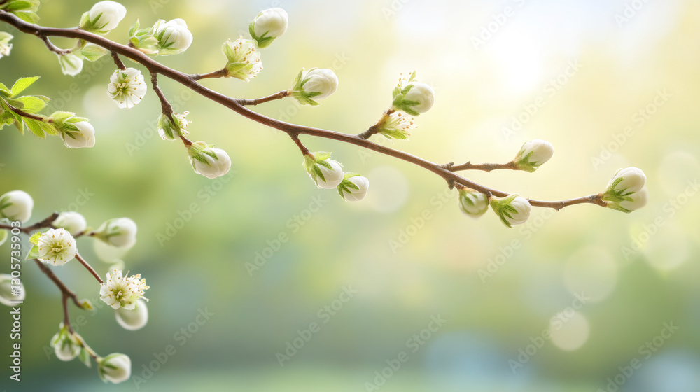 Poster blooming white flowers on a branch create a stunning display in spring, set against a softly blurred