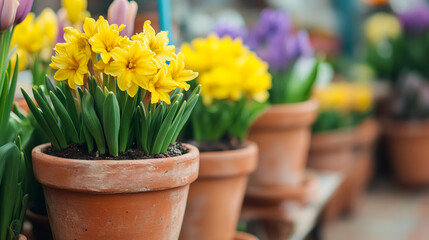 Fototapeta premium Bright yellow daffodils bursting with color, nestling in terracotta containers within sunlit greenhouse interior