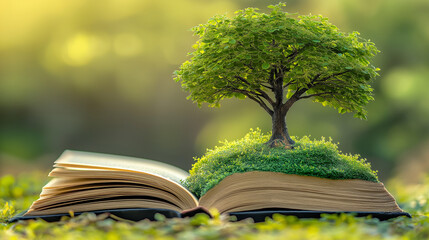 Tree growing on open book symbolizing knowledge and wisdom growth