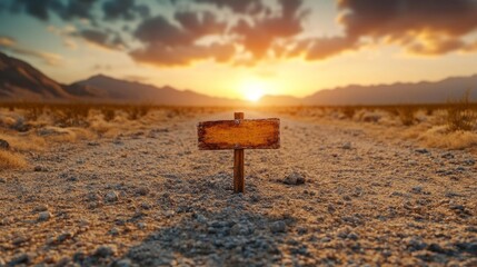 Sunset view of a wooden road sign in a barren desert landscape. Generative AI