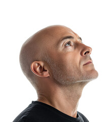 Obraz premium Man looking upwards portrait minimalist inspirational mood isolated on transparent background