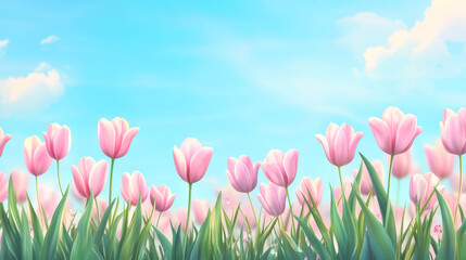 Beautiful pink tulips growing in a field under a clear blue sky, creating a vibrant and colorful spring scene