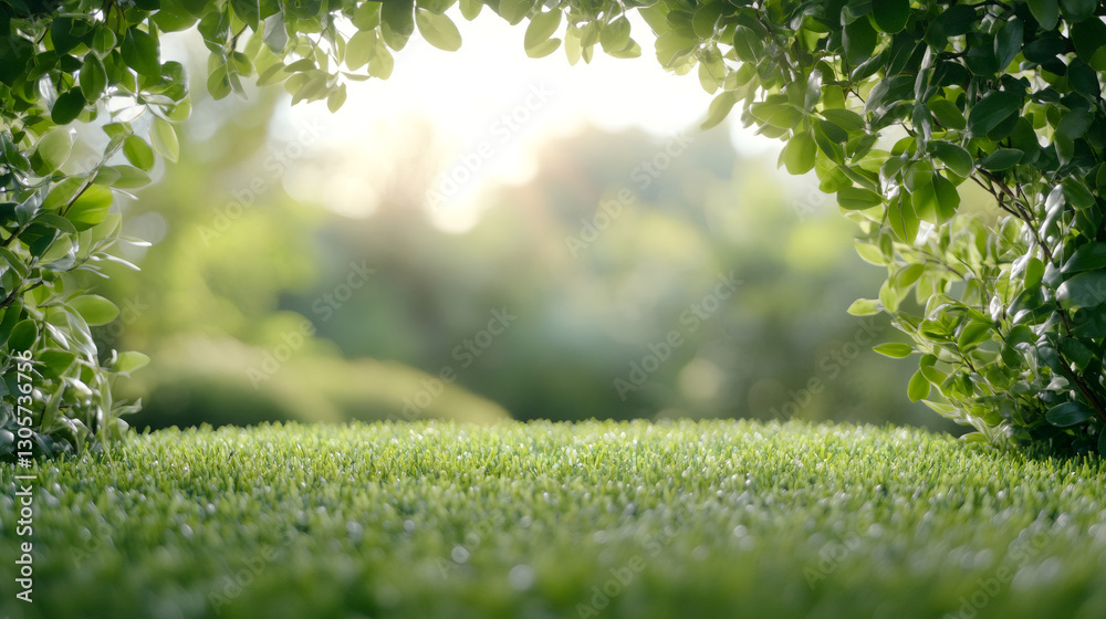 Poster green leaves framing a blurred garden background with lush grass field in the foreground, creating a