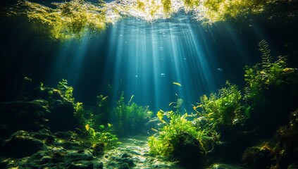 Sunbeams illuminate underwater scene with lush green aquatic plants and rocks. (1)