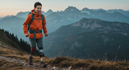 Adaptive athlete with prosthetic leg hikes a scenic mountain trail with determination