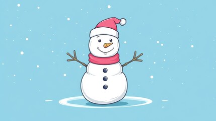 This minimalistic 2D vector snowman features a cozy hat and scarf, showcasing simple lines and a clean design on a plain background.