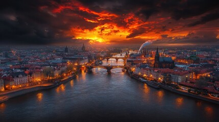 Obraz premium Fiery Sunset over Prague's Bridges and Castle