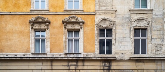 Obraz premium Old European building facade with ornate windows and yellow stucco.