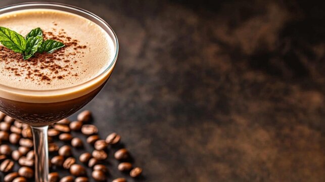 A decadent Espresso Martini with a frothy top and scattered coffee beans in the background. Generative AI