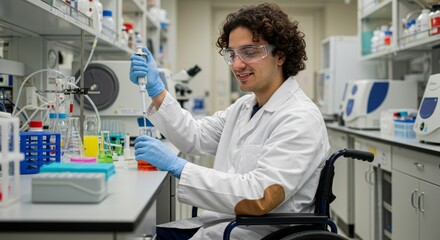 Dedicated scientist in wheelchair conducts research within a modern laboratory setting
