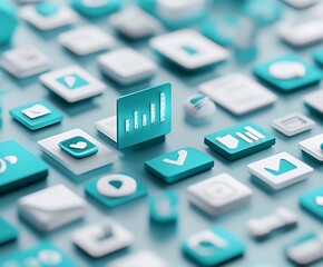 Abstract 3D rendering of teal and white app icons, showcasing digital data and interface design elements.