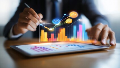 Businessperson analyzing data on a digital tablet, showcasing upward trending graphs and financial icons.