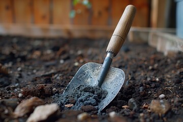 Garden trowel with wooden handle in rich soil preparing for planting seeds in raised garden bed. Close up view of gardening tool in fertile earth with copy space. Organic gardening, soil care