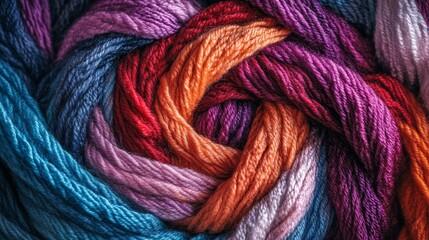 A colorful ball of yarn with a purple and orange section. The yarn is twisted and knotted