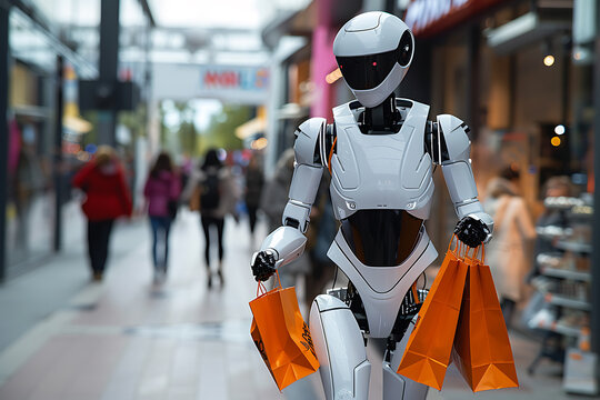 minimalist robot shopping, a robot in minimal style, resembling a human, carries orange shopping bags near a shopping center on a clear day